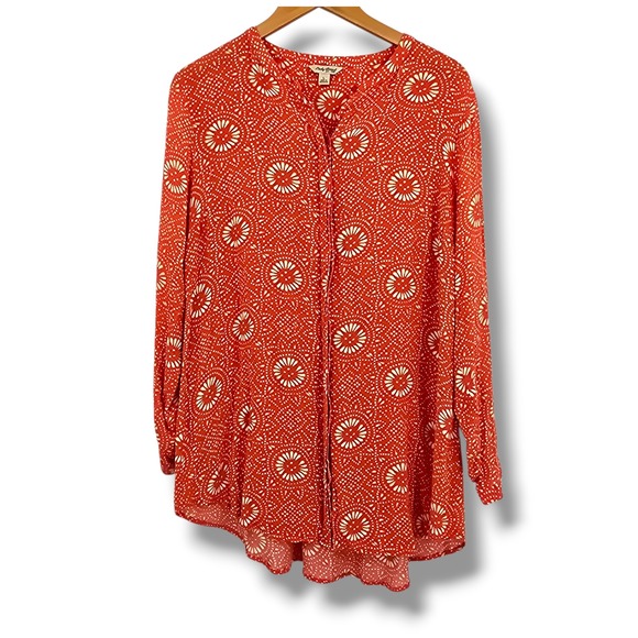 Lucky Brand Women's Orange Floral Print Long Sleeve Button Up Tunic Top - Picture 1 of 11